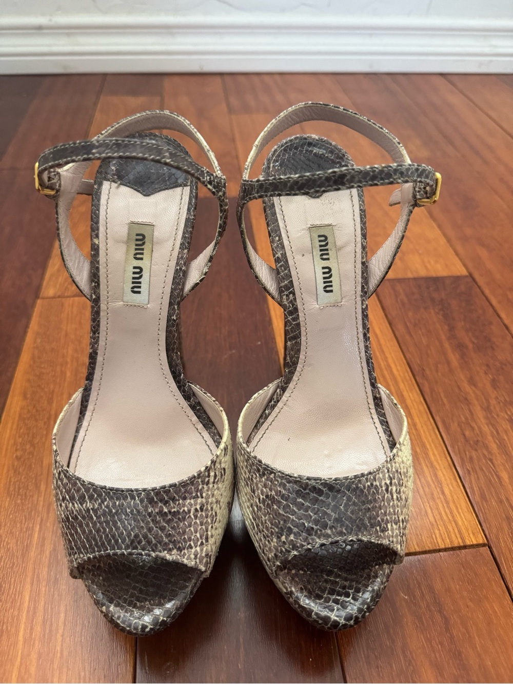 Miu Miu Gray Snakeskin Platform Peep-Toe Sandals